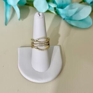18K Gold Plated Womens Crossover Ring Multi Row‎ Cubic Zirconia Size 8